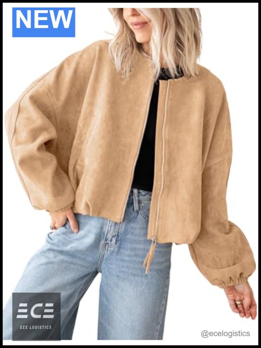 Faux Suede Bomber Jacket Cropped Zip Up Oversized Casual Coat